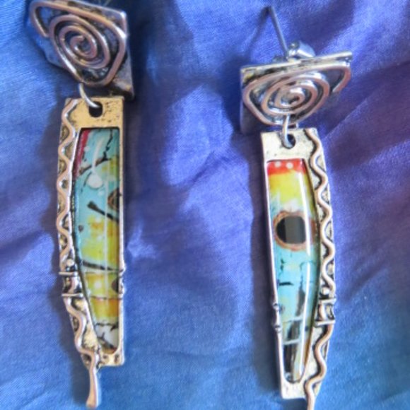 925 Silver Plated & Enamel Drop EARRINGS 3.47 cm L (K307) - Picture 2 of 3